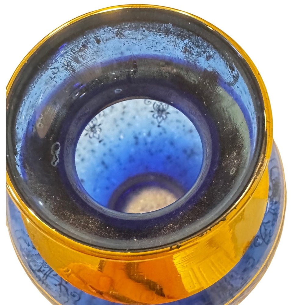 Vintage Cobalt Blue‎ Glass Vase with Gold Encrusted Floral Filigree 5.25in - Picture 10 of 10